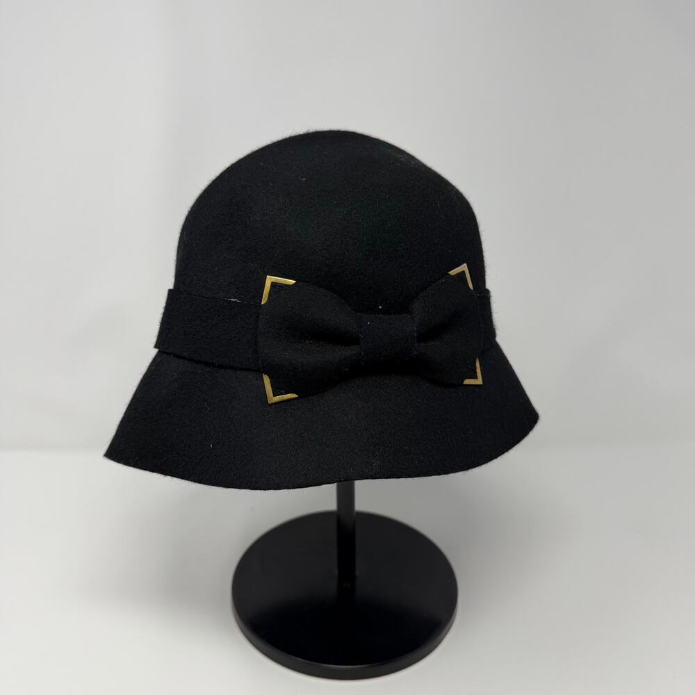 Vintage Black 100% Wool Bow Cloche Hat OSFM